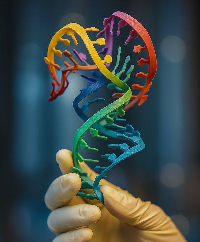 A three dimensional printed model of a folded RNA structure, held in a gloved hand